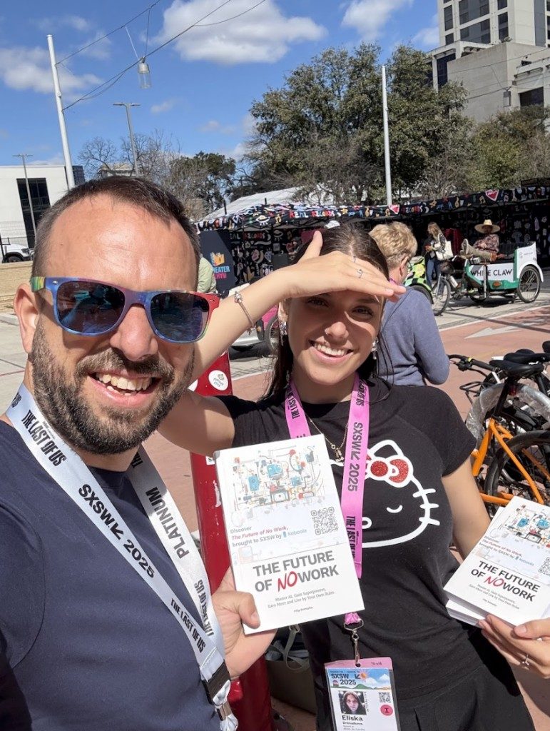Filip Drimalka at SXSW 2025 in Austin with the English edition of The Future of No Work